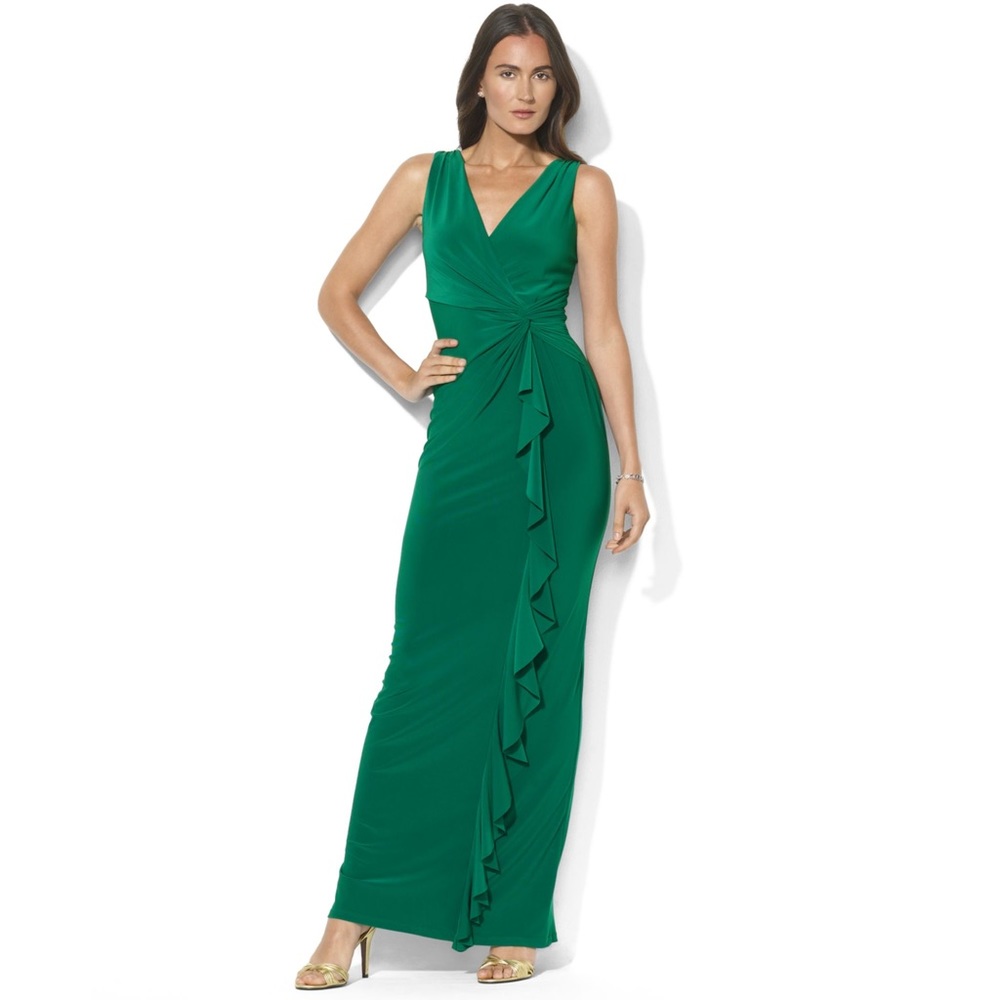 RL green sleeveless surplice v-neck evening gown